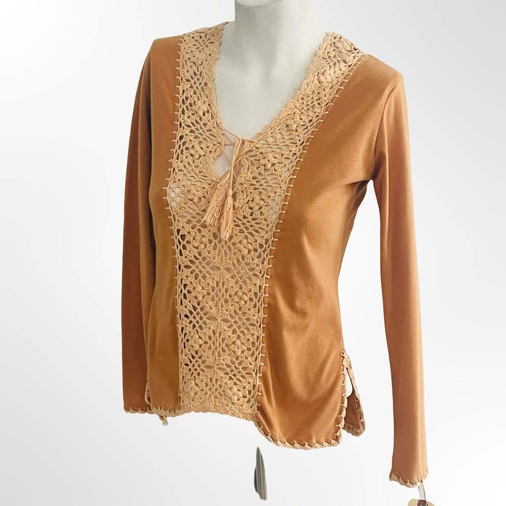 Vintage Long Sleeve Brown Knit Blouse with Crochet Lace Trim and Tassel Tie - Picture 1 of 6